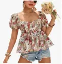 HEM PRINTED PUFF SLEEVE TOP