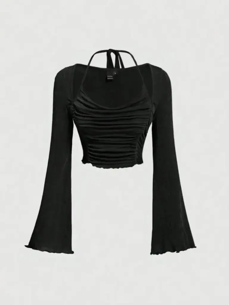CASUAL BELL SLEEVES COLOR BLOCK WOMEN BLACK TOP