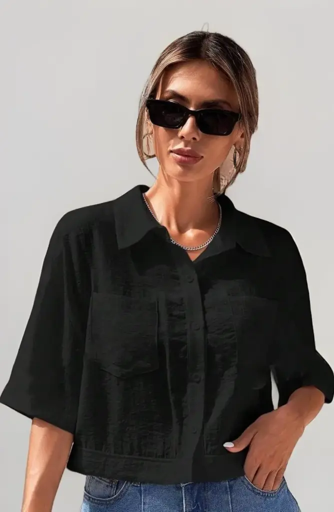 V-collar solid crop shirt wit half sleeves