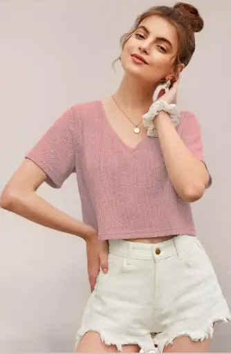 V NECK TSHIRTS CASUAL SHORT SLEEVE CROPPED TOP