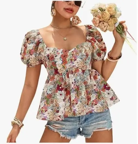 HEM PRINTED PUFF SLEEVE TOP