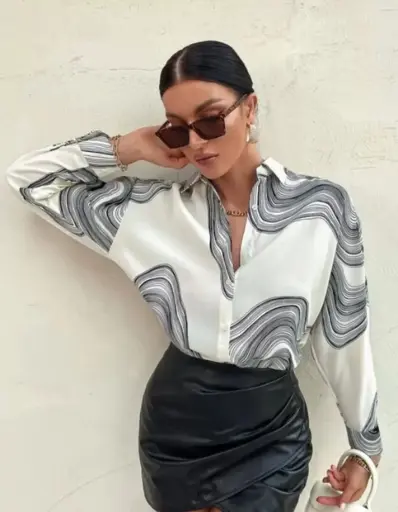 ABSTRACT PRINTED SPREAD COLLAR CLUFF SLEEVES SHIRT