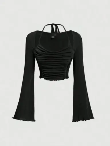 CASUAL BELL SLEEVES COLOR BLOCK WOMEN BLACK TOP